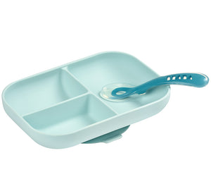 Open image in slideshow, Beaba Blue Silicone Suction Divided Plate and Spoon
