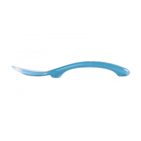 Beaba's 2nd age blue silicone spoon designed to avoid contact between food and table